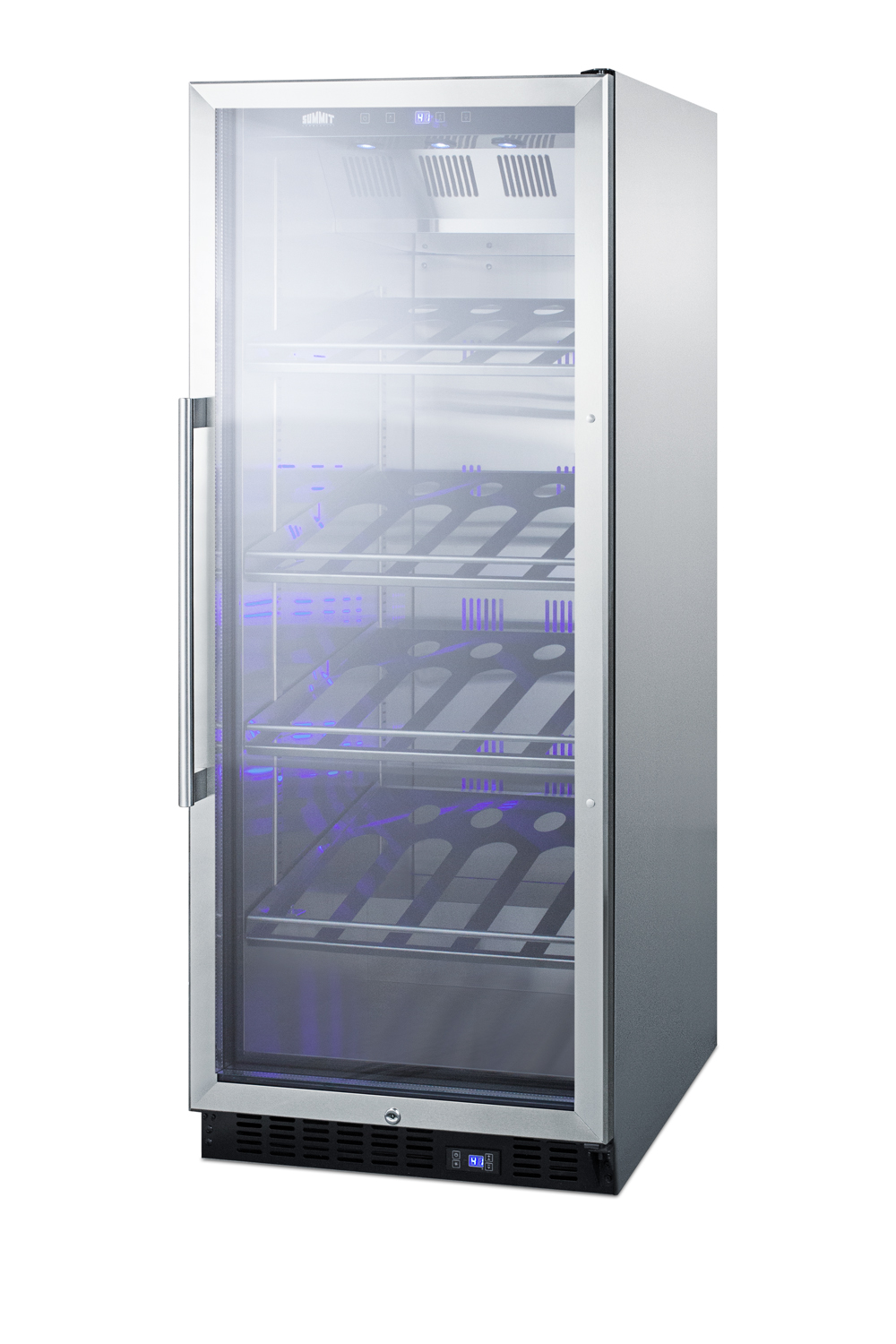 Full-size commercially listed wine cellar with stainless steel interior, champagne shelving, digital controls, self-closing glass door, and stainless steel cabinet